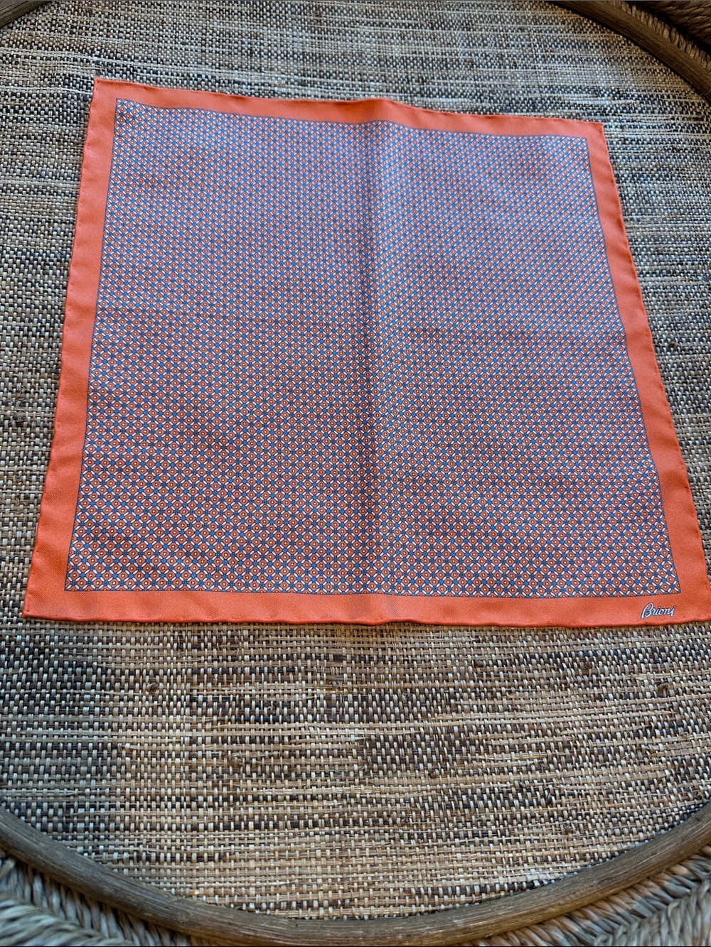 BRIONI Italian Silk Pocket Square Geometric Print Orange & Blue EC LIKE NEW